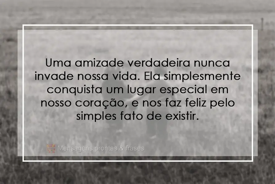 Uma amizade verdadeira nunca invade nossa vida. Ela simplesmente conquista um lugar especial em nosso coração e nos faz feliz pelo simples fato de exis...