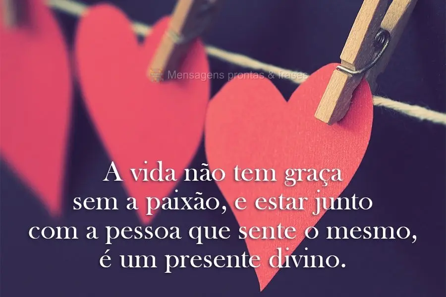 A vida não tem graça sem a paixão. E estar junto com a pessoa que sente o mesmo, é um presente divino. 