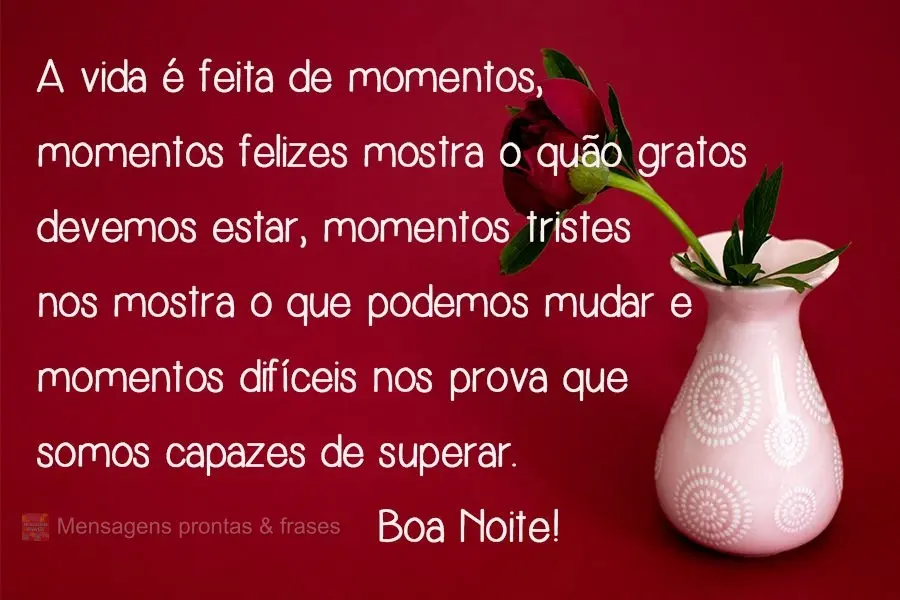 A vida é feita de momentos, momentos felizes mostra o quão gratos devemos estar, momentos tristes nos mostra o que podemos mudar e momentos difíceis n...