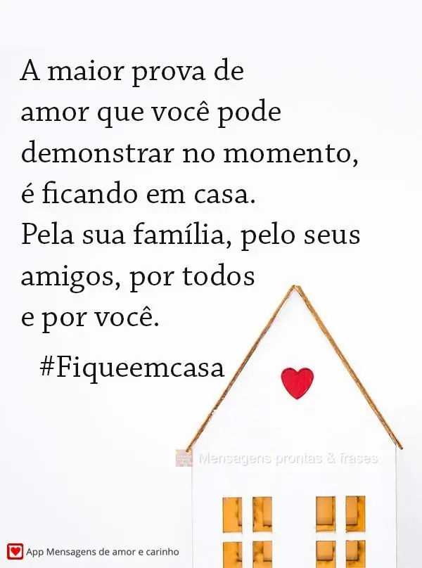 A maior prova de amor que você pode demonstrar no momento, é ficando em casa. Pela sua família, pelo seus amigos, por todos e por você. 
 #fiqueemca...