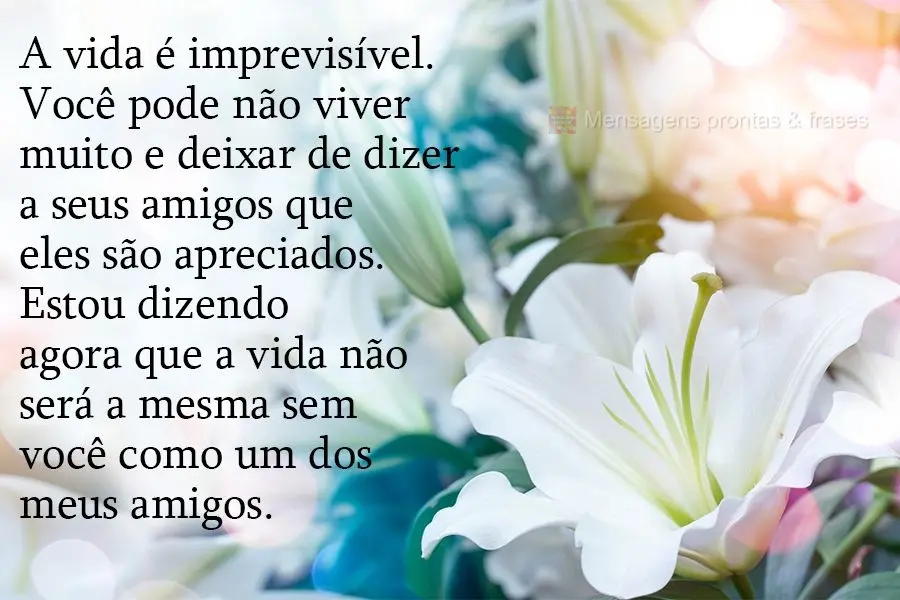 A vida é imprevisível. Você pode não viver muito e deixar de dizer a seus amigos que eles são apreciados. Estou dizendo agora que a vida não será ...