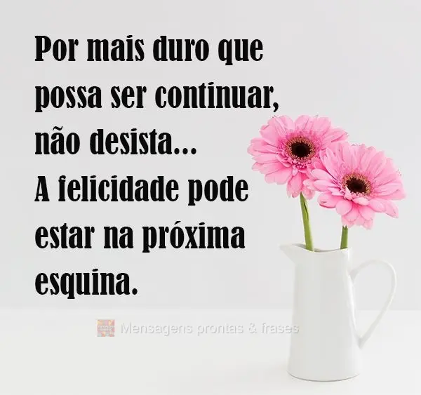 Por mais duro que possa ser continuar, não desista...A felicidade pode estar na próxima esquina.
