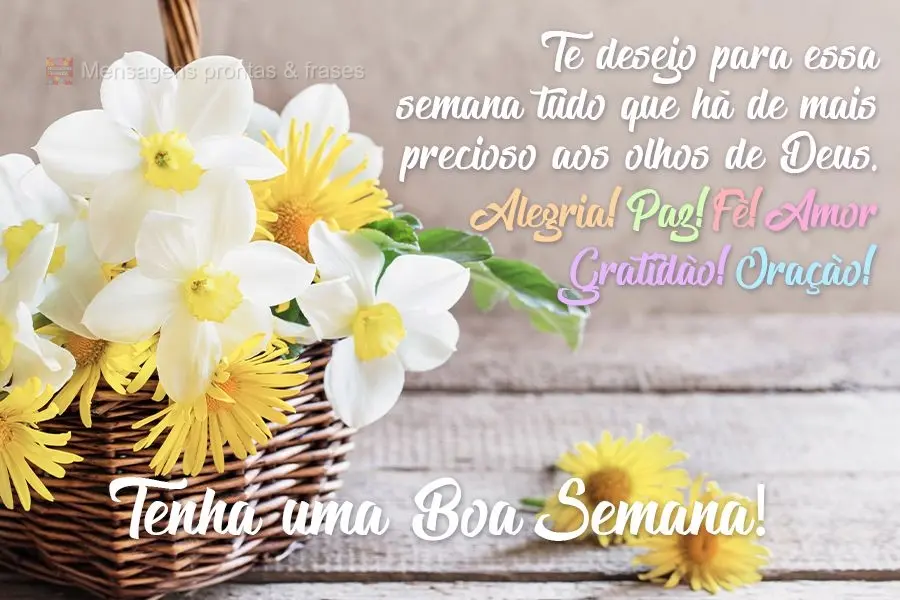 Te desejo para essa semana tudo que há de mais precioso aos olhos de Deus. Alegria. Paz. Fé. Amor.Gratidão. Oração. 
 Tenha uma Boa Semana!