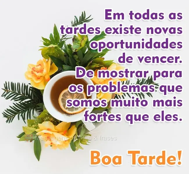 Em todas as tardes existe novas oportunidades de vencer. De mostrar para os problemas que somos muito mais fortes que eles. 
 Boa Tarde!