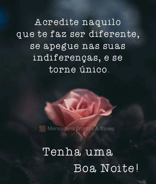 Acredite naquilo que te faz ser diferente, se apegue nas suas indiferenças, e se torne único. 
 Tenha uma Boa Noite!