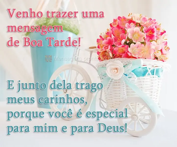 Venho trazer uma mensagem de Boa Tarde! E junto dela trago meus carinhos, porque você é especial para mim e para Deus!
