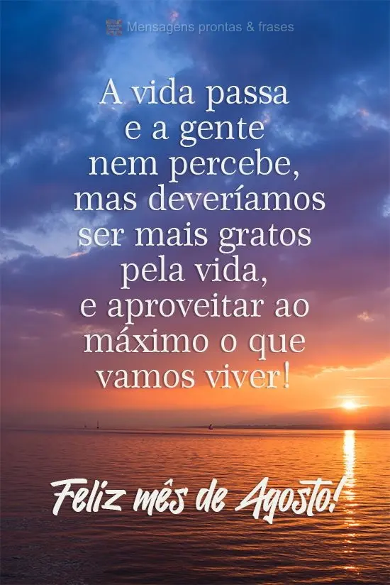 A vida passa e a gente nem percebe. Deveríamos ser mais gratos pela vida, e aproveitar ao máximo o que vamos viver! 
 Feliz mês de Agosto!