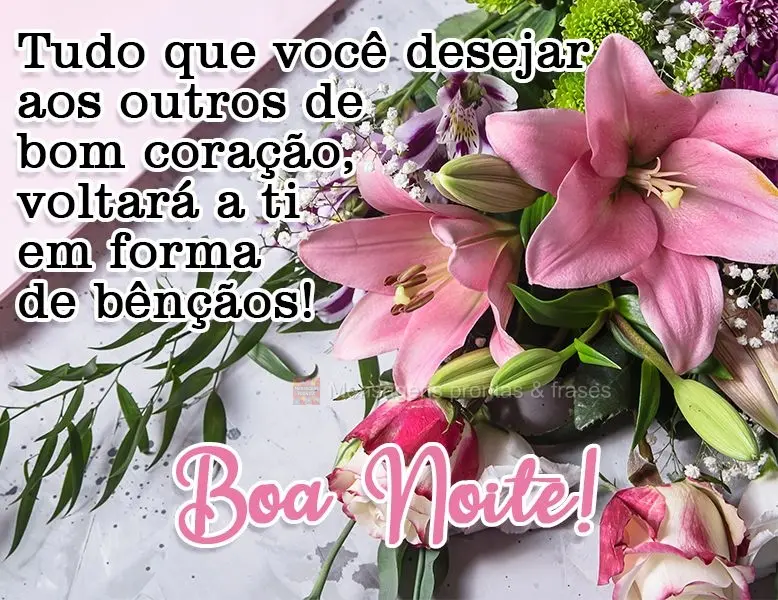 Tudo que você desejar aos outros de bom coração, voltará a ti em forma de bênçãos!  Boa Noite!