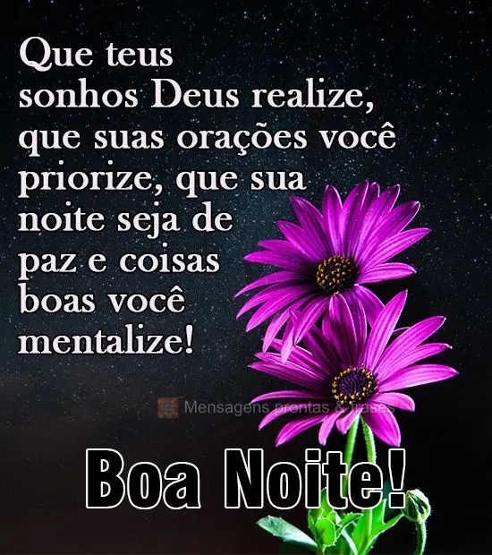 Que teus sonhos Deus realize, que suas orações você priorize, que sua noite seja de paz e coisas boas você mentalize!  Boa Noite!