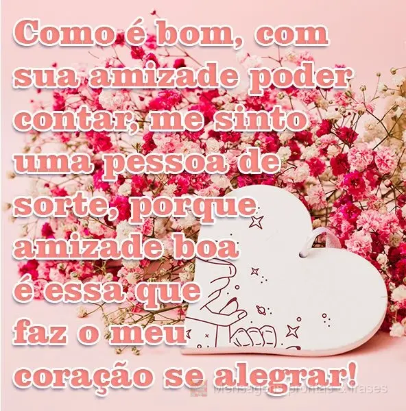 Como é bom com sua amizade poder contar, me sinto uma pessoa de sorte, porque amizade boa é essa que faz o meu coração se alegrar!
