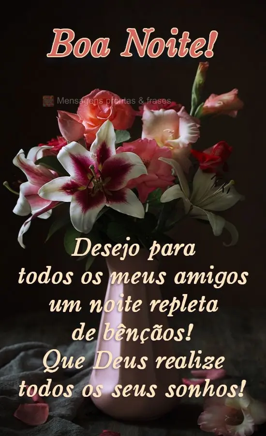 Desejo para todos os meus amigos uma noite repleta de bênçãos! Que Deus realize todos os seus sonhos!  Boa Noite! 