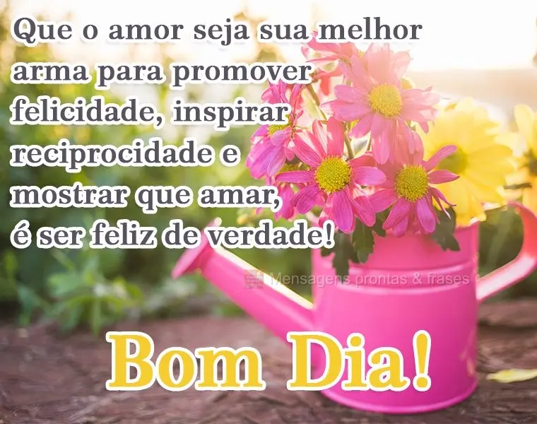 Que o amor seja sua melhor arma para promover felicidade, inspirar reciprocidade e mostrar que amar é ser feliz de verdade! 
 Bom Dia! 