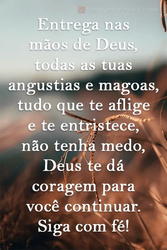 Entrega nas mãos de Deus todas as tuas angústias e mágoas, tudo que te aflige e te entristece. Não tenha medo, Deus te dá coragem para você continu...