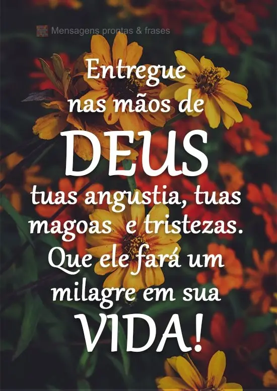 Entregue nas mãos de Deus tuas angústias, tuas mágoas e tristezas. Que ele fará um milagre em sua vida!
