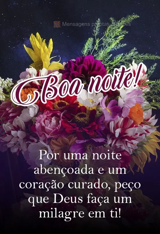 Por uma noite abençoada e um coração curado, peço que Deus faça um milagre em ti!  Boa noite!