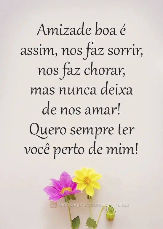 Amizade boa é assim, nos faz sorrir, nos faz chorar, mas nunca deixa de nos amar!  Quero sempre ter você perto de mim!
