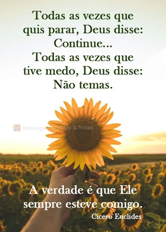 Todas as vezes que quis parar, Deus disse: Continue... Todas as vezes que tive medo, Deus disse: não temas. A verdade é que Ele sempre esteve comigo.  ...