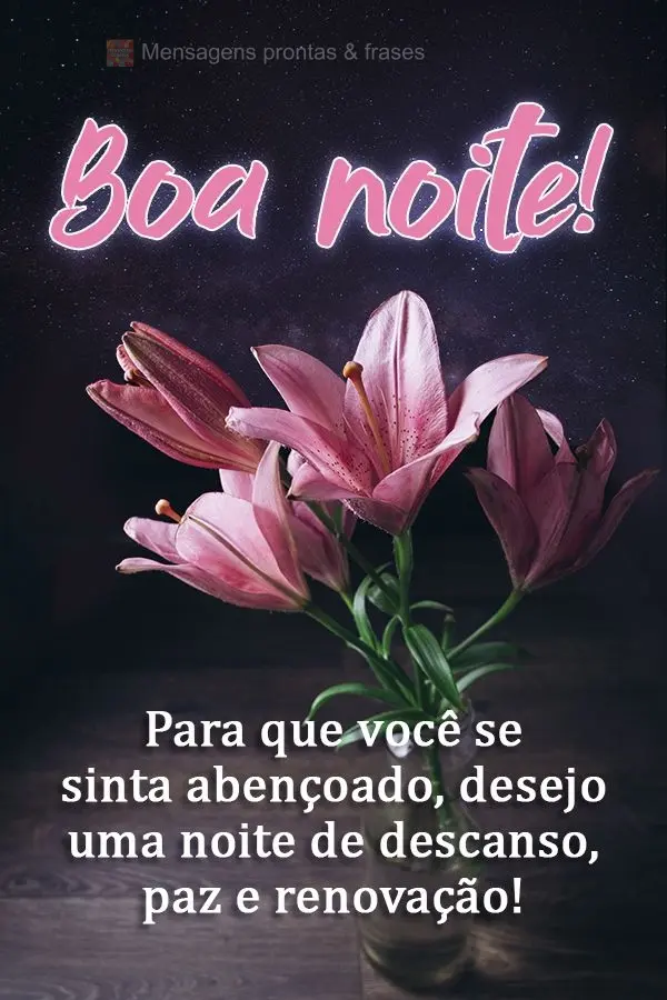 Para que você se sinta abençoado, desejo uma noite de descanso, paz e renovação!  Boa noite!