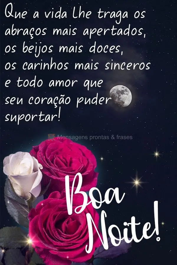 Que a vida lhe traga os abraços mais apertados, os beijos mais doces, os carinhos mais sinceros e todo amor que seu coração puder suportar! Boa noite!...