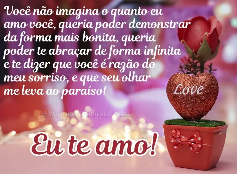 Você não imagina o quanto eu amo você. Queria poder demonstrar da forma mais bonita, queria te abraçar de forma infinita e te dizer que você é a ra...