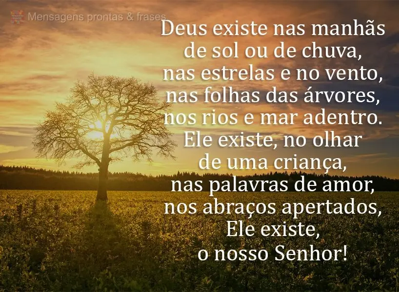 Deus existe nas manhãs de sol ou de chuva, nas estrelas e no vento, nas folhas das árvores, nos rios e mar adentro. Ele existe no olhar de uma criança...