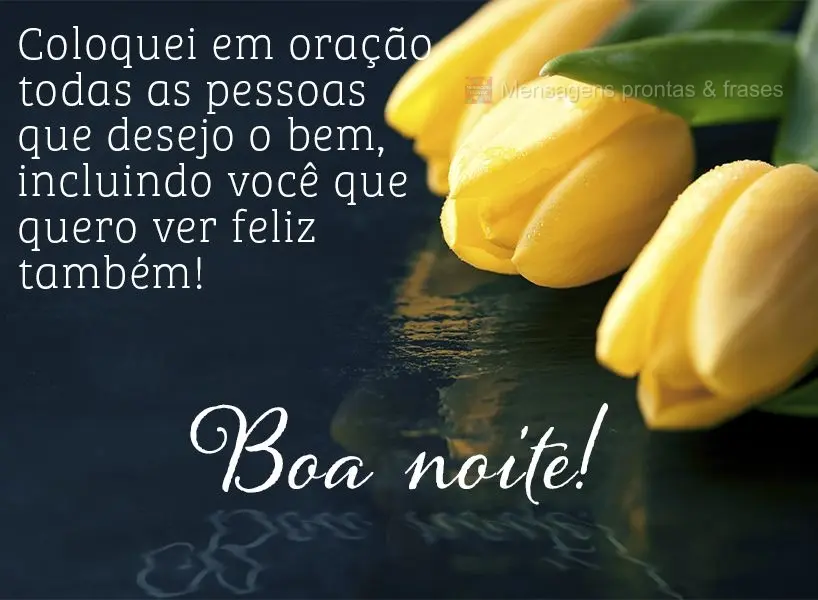 Coloquei em oração todas as pessoas que desejo o bem, incluindo você que quero ver feliz também!  Boa noite!