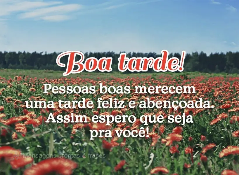 Pessoas boas merecem uma tarde feliz e abençoada. Assim espero que seja pra você! Boa tarde!