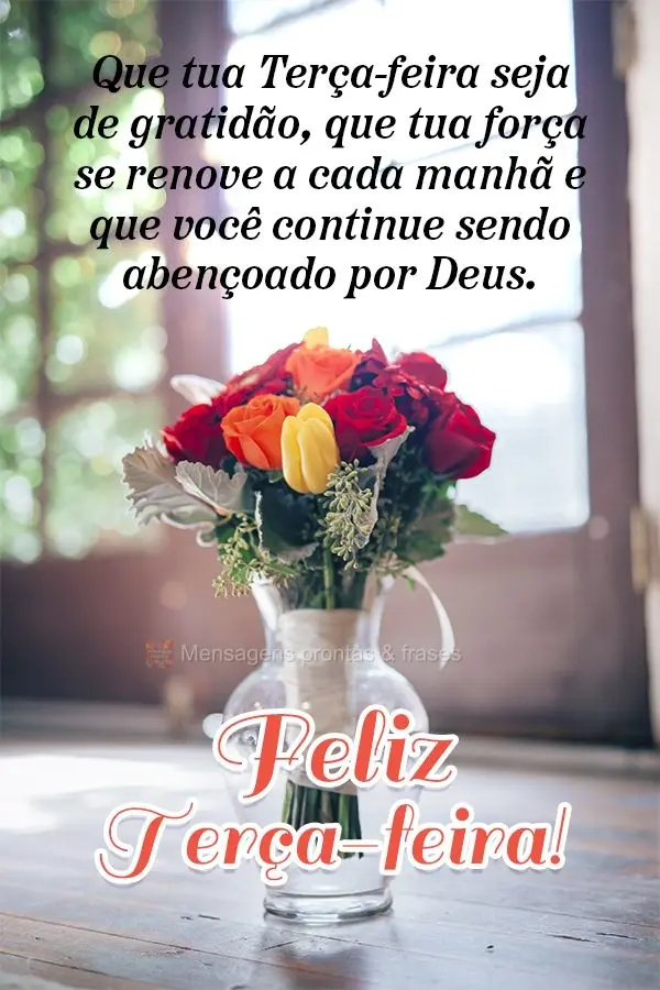 Que tua Terça-feira seja de gratidão. Que tua força se renove a cada manhã e que você continue sendo abençoado por Deus. Feliz Terça-feira!