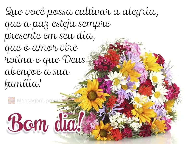 Que você possa cultivar a alegria, que a paz esteja sempre presente em seu dia, que o amor vire rotina e que Deus abençoe a sua família! Bom dia!