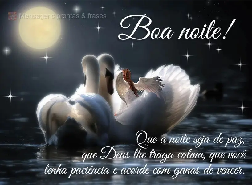 Que a noite seja de paz. Que Deus lhe traga calma, que você tenha paciência e acorde com gana de vencer. Boa noite!