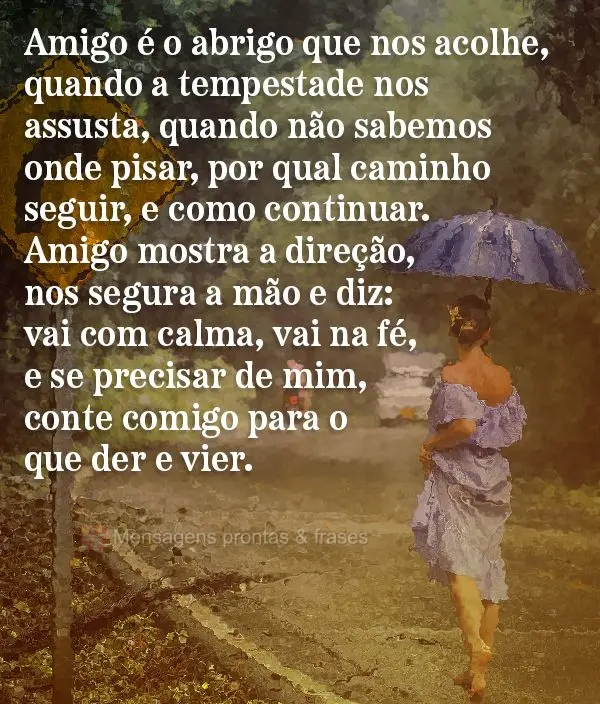 Amigo é o abrigo que nos acolhe quando a tempestade nos assusta, quando não sabemos onde pisar, por qual caminho seguir e como continuar. Amigo mostra ...