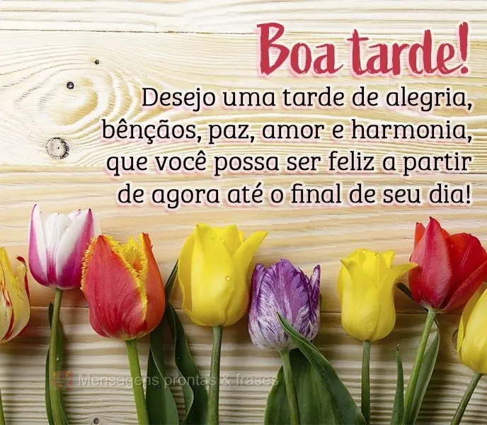 Desejo uma tarde de alegria, bênçãos, paz, amor e harmonia. Que você possa ser feliz a partir de agora até o final de seu dia! Boa tarde!