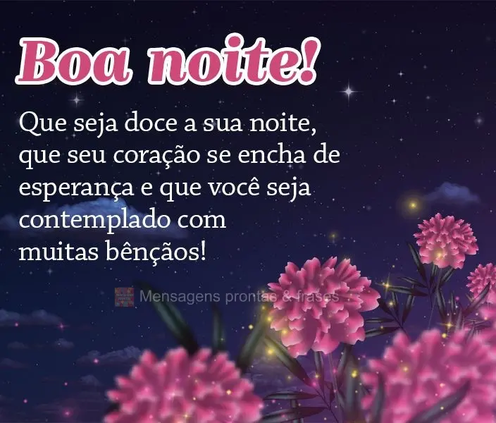 Que seja doce a sua noite, que seu coração se encha de esperança e que você seja contemplado com muitas bênçãos! Boa noite!