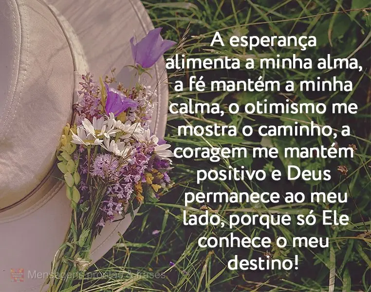 A esperança alimenta a minha alma, a fé mantém a minha calma, o otimismo me mostra o caminho, a coragem me mantém positivo e Deus permanece ao meu la...