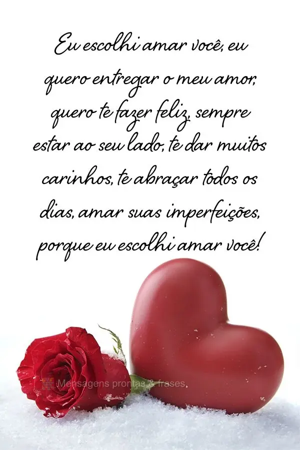 Eu escolhi amar você, eu quero te entregar o meu amor, quero te fazer feliz, sempre estar ao seu lado, te dar muitos carinhos, te abraçar todos os dias...