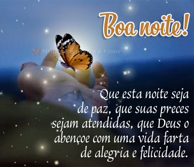 Que esta noite seja de paz, que suas preces sejam atendidas, que Deus o abençoe com uma vida farta de alegria e felicidade. Boa noite!