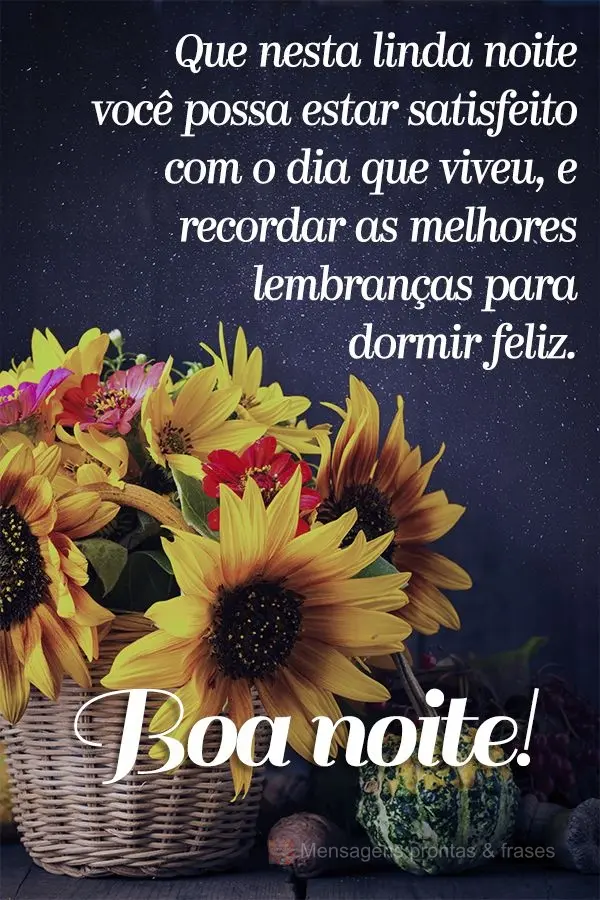 Que nesta linda noite você possa estar satisfeito com o dia que viveu e recordar das melhores lembranças para dormir feliz. Boa noite!