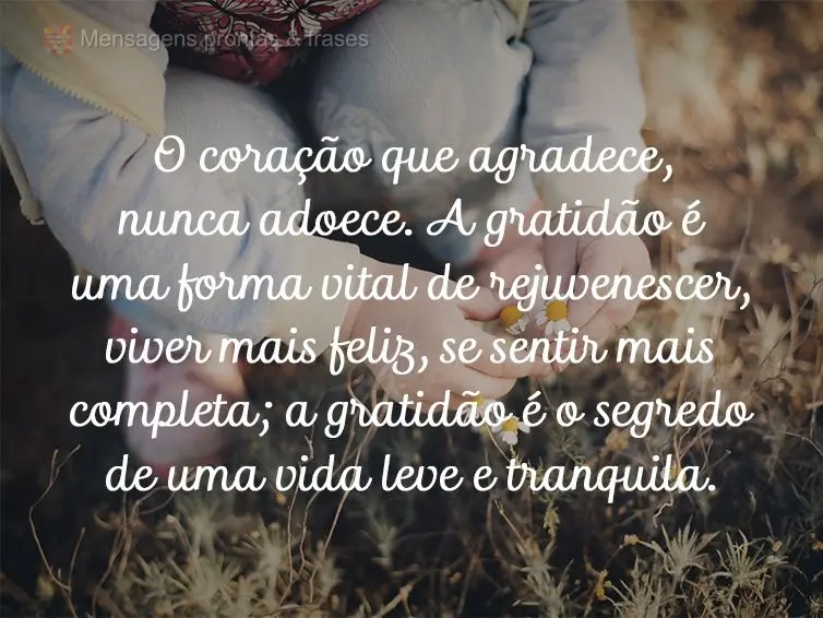 O coração que agradece, nunca adoece. A gratidão é uma forma vital de rejuvenescer a cada manhã, viver mais feliz, se sentir mais completa; a gratid...