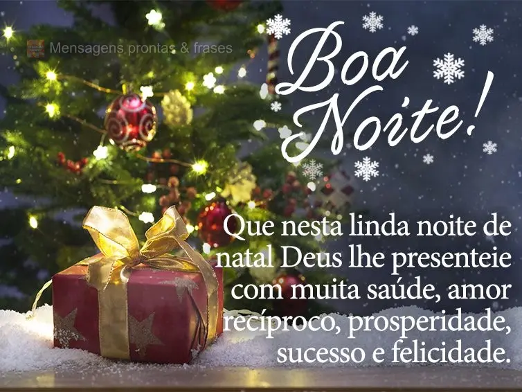 Que nesta linda noite de natal Deus lhe presenteie com muita saúde, amor recíproco, prosperidade, sucesso e felicidade. Boa noite!