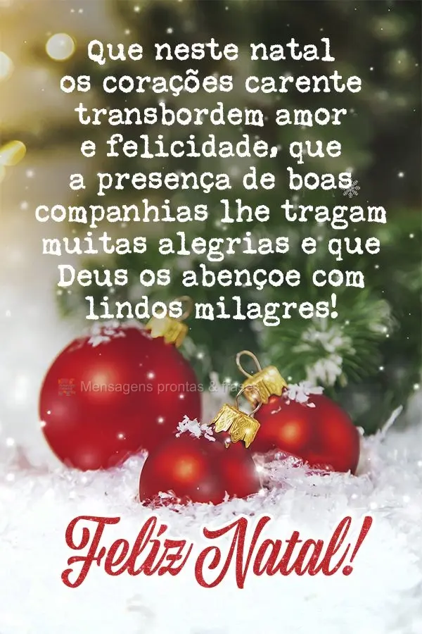 Que neste natal os corações carentes transbordem amor e felicidade, que a presença de boas companhias lhe tragam muitas alegrias e que Deus os abenço...