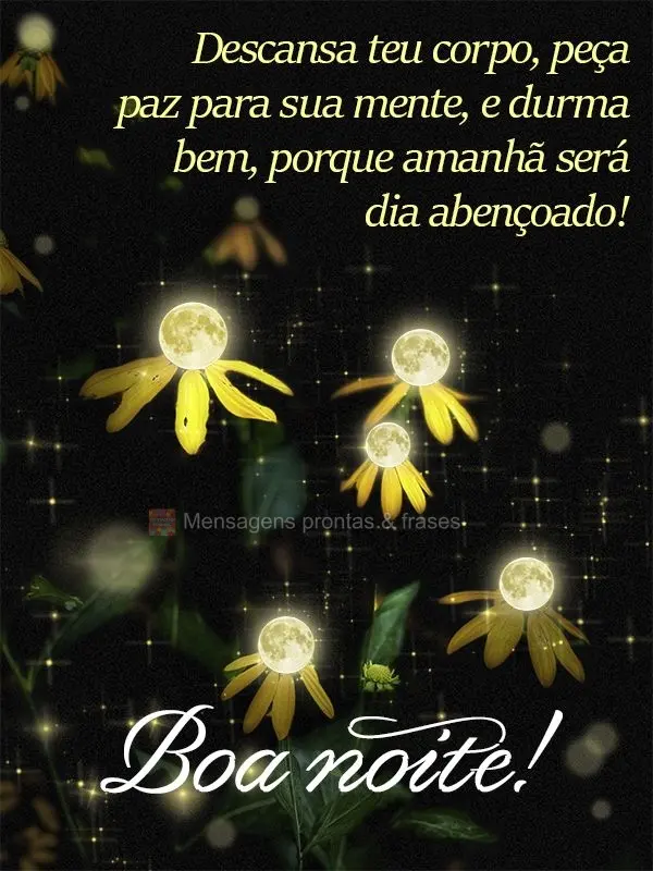 Descansa teu corpo, peça paz para sua mente, e durma bem, porque amanhã será um dia abençoado! Boa noite!