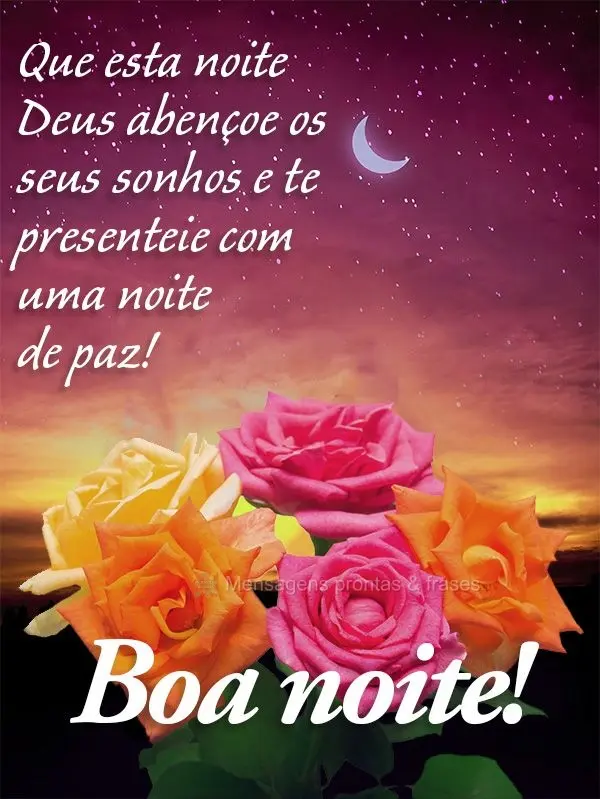 Que nesta noite Deus abençoe os seus sonhos e te presenteie com uma noite de paz! Boa noite!