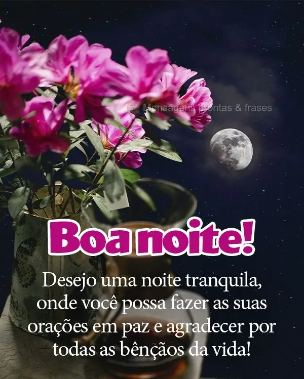 Desejo uma noite tranquila, onde você possa fazer as suas orações em paz e agradecer por todas as bênçãos da vida! Boa noite! 