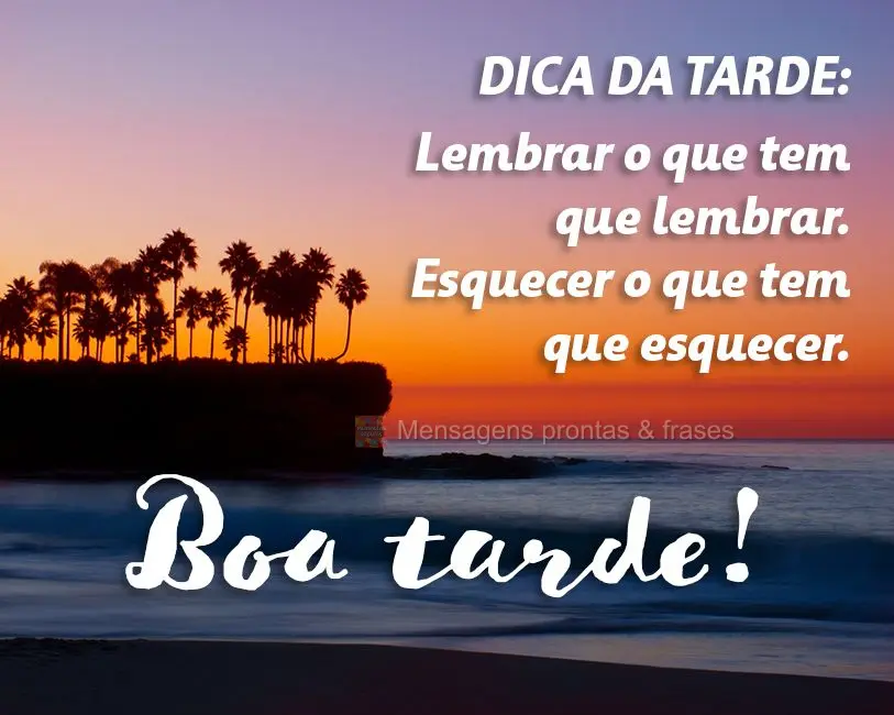 Dica da tarde: Lembrar o que tem que lembrar. Esquecer o que tem que esquecer. 
 Boa tarde!