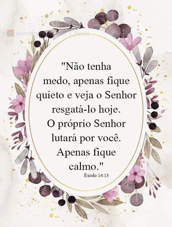 "Não tenha medo, apenas fique quieto e veja o Senhor resgatá-lo hoje. O próprio Senhor lutará por você. Apenas fique calmo." Êxodo 14,13