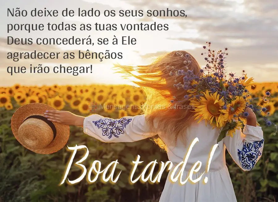 Não deixe de lado os seus sonhos, porque todas as tuas vontades Deus concederá, se à Ele agradecer suas bênçãos que irão chegar! Boa tarde!