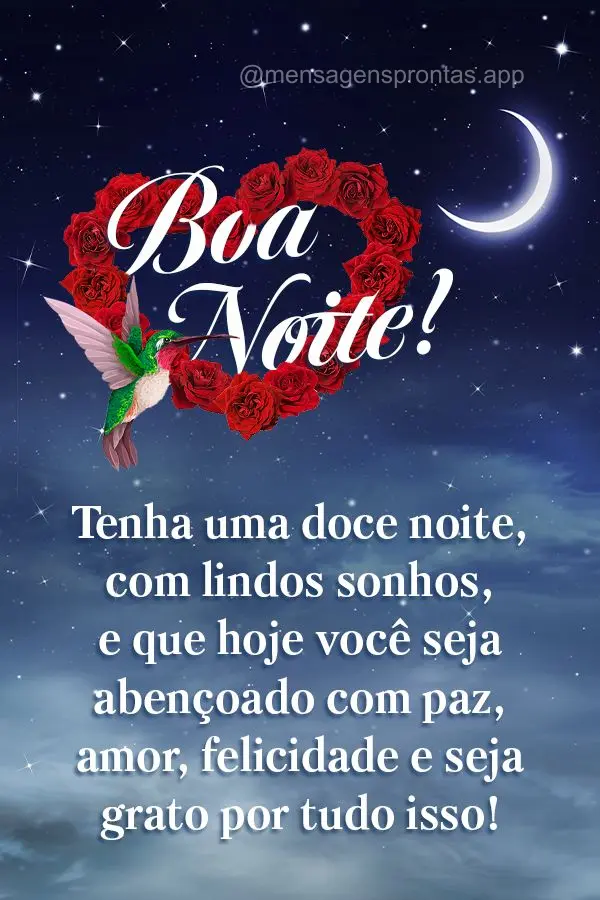 Tenha uma doce noite com lindos sonhos, e que hoje você seja abençoado com paz, amor, felicidade e seja grato por tudo isso! Boa noite!