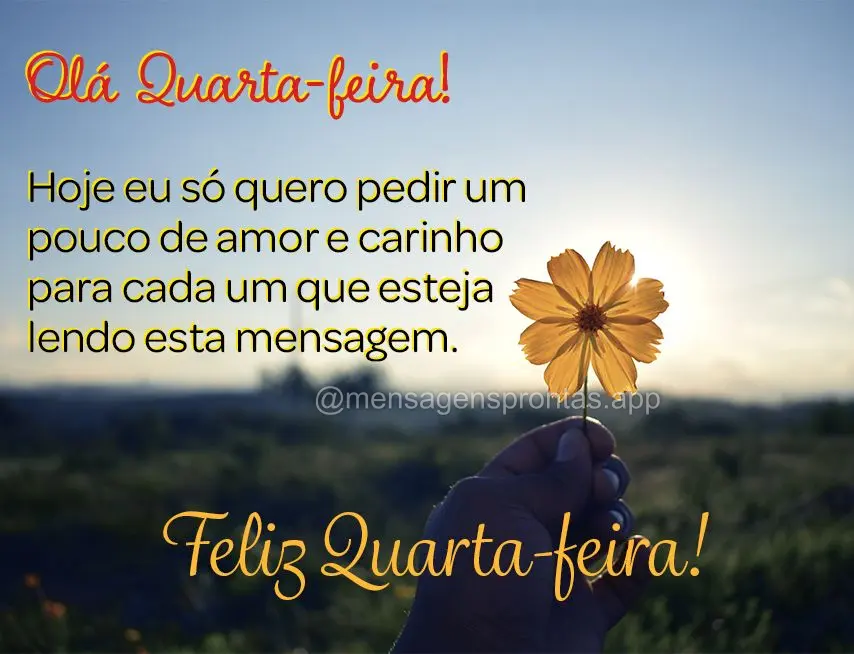 Olá Quarta-feira! Hoje eu só quero pedir um pouco de amor e carinho para cada um que esteja lendo esta mensagem. Feliz Quarta-feira!