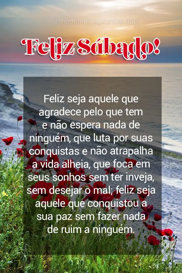 Feliz seja aquele que agradece pelo que tem e não espera nada de ninguém, que luta por suas conquistas e não atrapalha a vida alheia, que foca em seus...