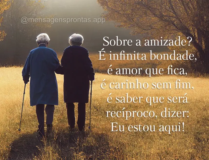 Sobre a amizade? É infinita bondade, é amor que fica, é carinho sem fim, é saber que será recíproco, dizer: Eu estou aqui!